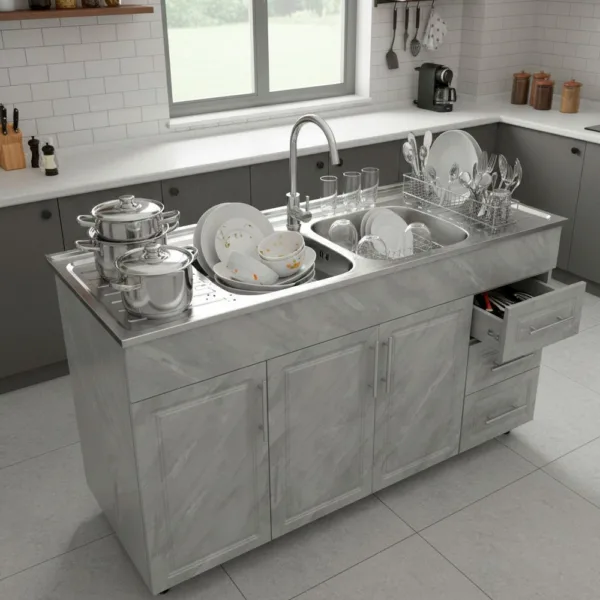 Kit Lavaplatos Mueble Mdf Pvc Gris Grifería 150x50cm - Imagen 3