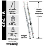 ESCALERA TELESCOPICA DE ALUMINIO 16 PELDAÑOS 150KG CUPRUM - Imagen 2