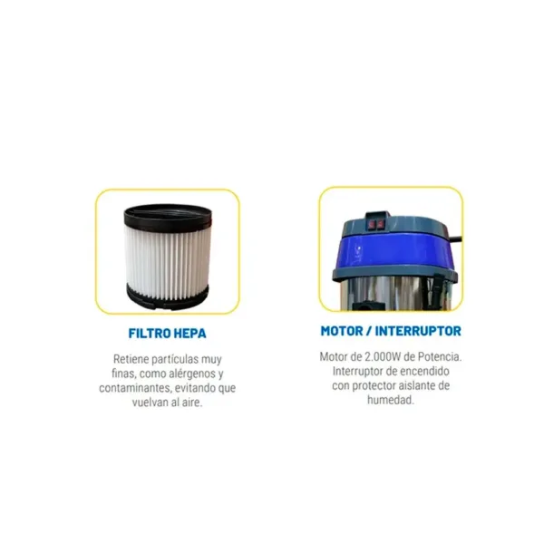 Aspiradora Industrial Polvo-agua 70 Lts Filtro Hepa Luster - Imagen 2