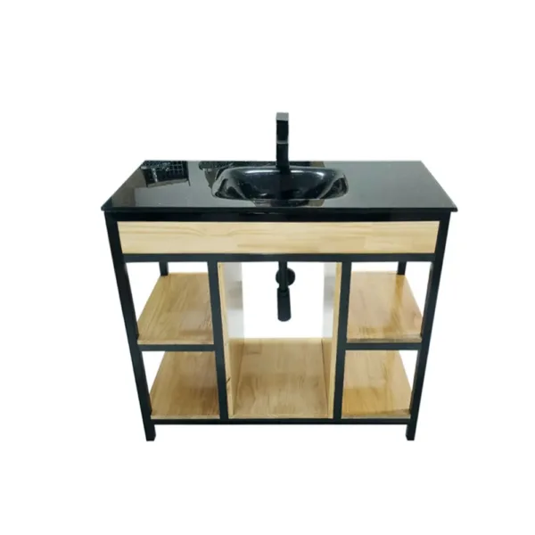 Vanitorio Rustico Fierro-Pino Finger y Vidrio Negro 100x47x92 cms + Grifería - Imagen 2
