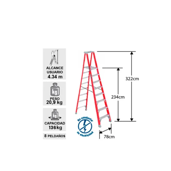 ESCALERA FIBRA VIDRIO TIJERA PLATAFORMA 8 PELDA OS LOUISVILLE - Imagen 2