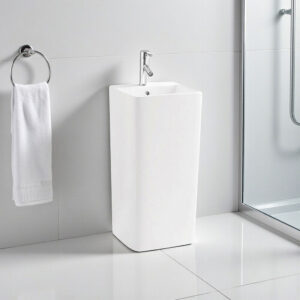 Lavamanos con pedestal integrado loza ceramica 40x40x82 cms