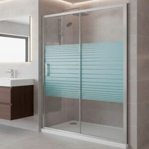 Mampara ajustable 160-180×180 cms Perfil cromo y Franjas Blancas