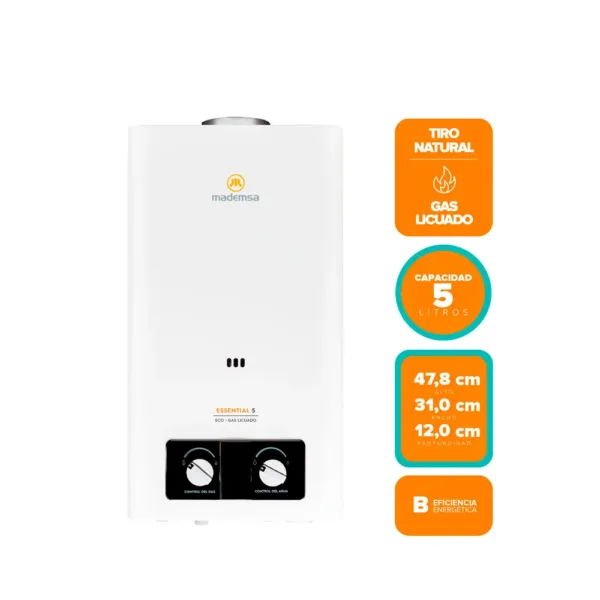 Calefont Gas Licuado Mademsa 5Lt Tiro Natural - Imagen 4