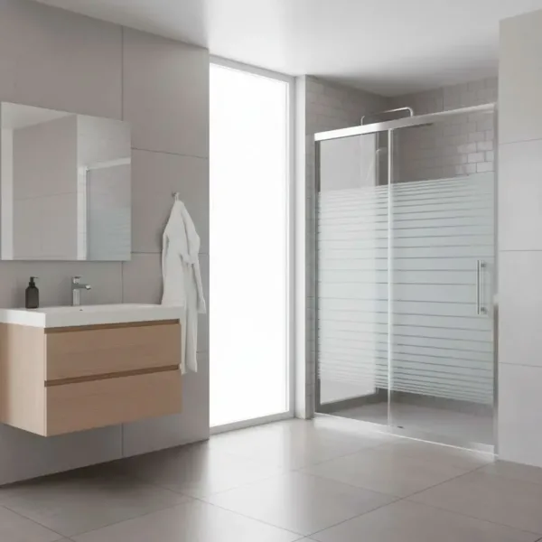 Mampara Corredera Vidrio Templado 100x180 Cms - Dechaus Franjas Blancas Plateado - Imagen 3