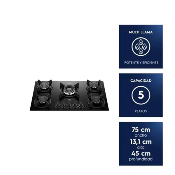 Encimera a Gas 5 Platos Electrolux Experience Tecnología de Cocción Precisa KE5GC Negra - Imagen 3