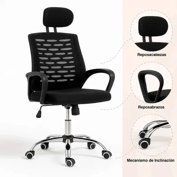 Silla oficina simply mesh negra con apoyabrazos y cabeza - Imagen 5